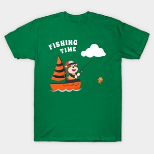 Vector cartoon illustration of cute monkey fishing on sailboat with cartoon style. T-Shirt